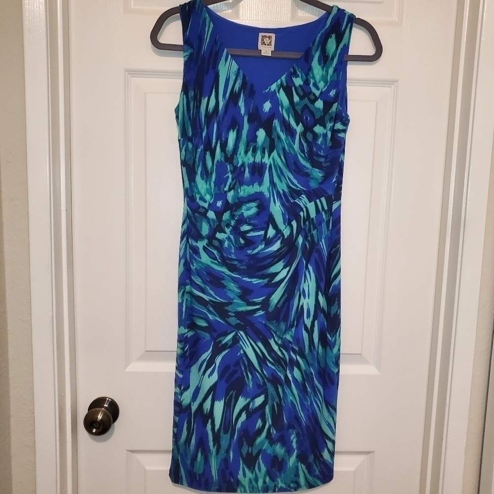 Anne Klein Womens 2 Teal Blue Water Color Sleeveless V Neck Ruched Side Dress